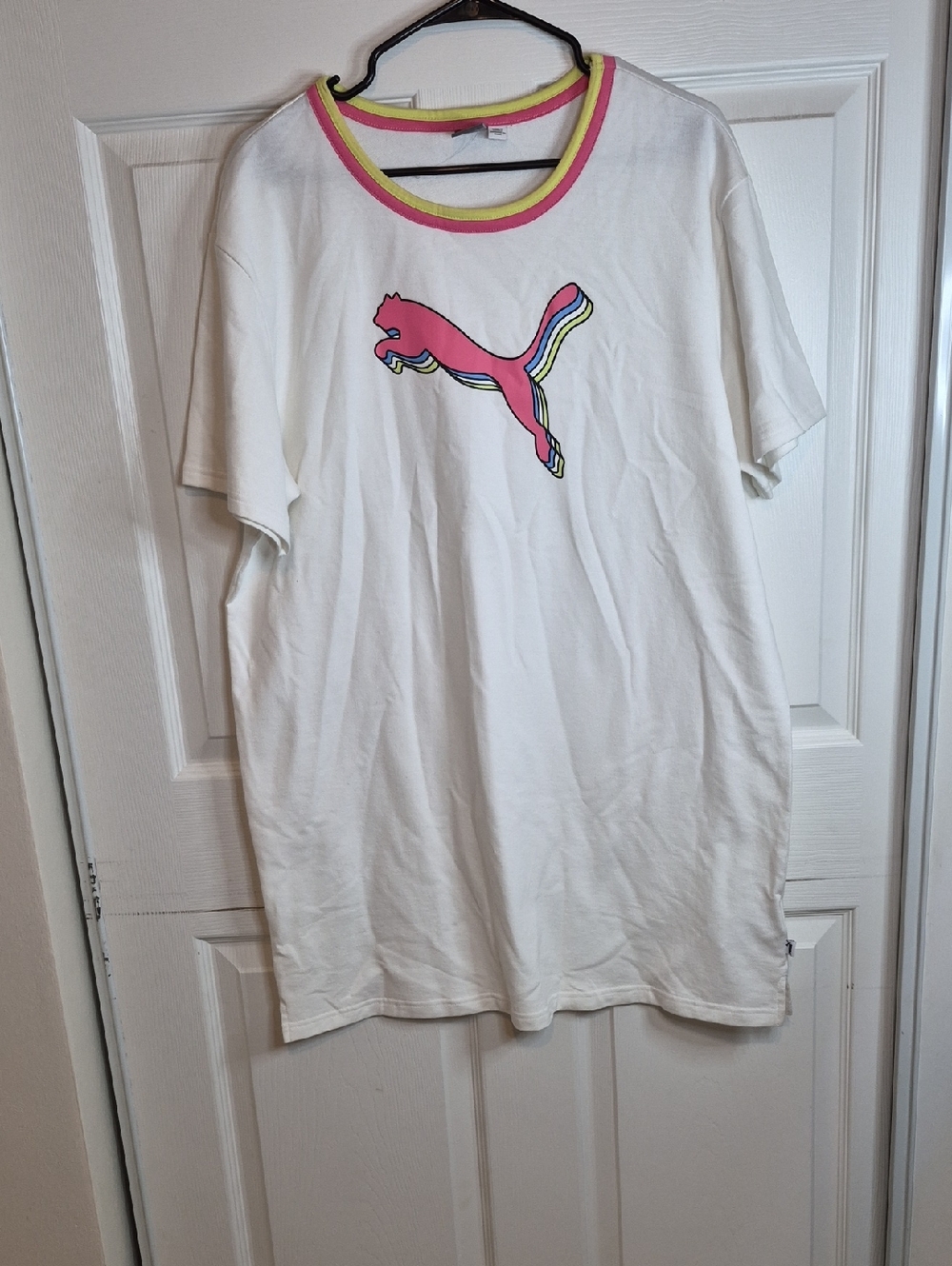 Puma White Short Sleeve Tee with Pink Logo and Rainbow Stripes